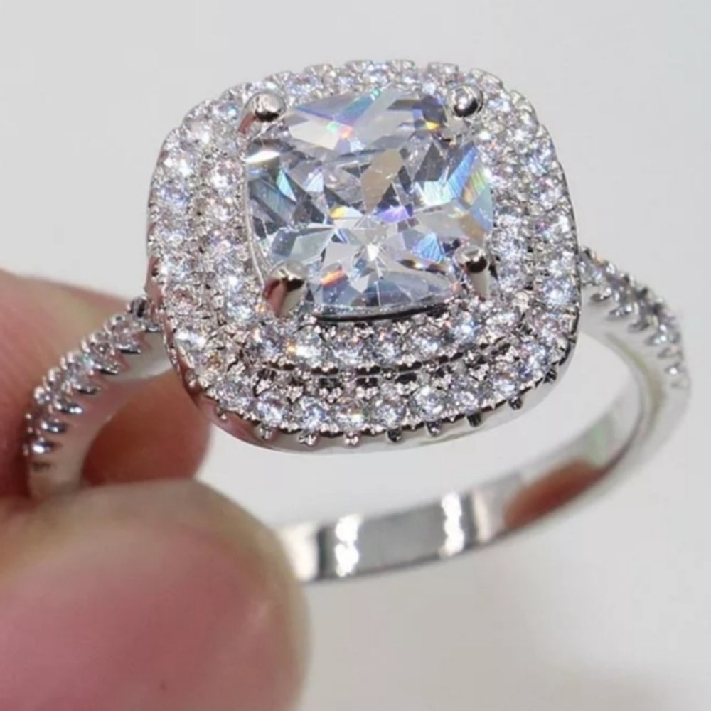 NEW 925 Sterling Silver Diamond Double Halo Ring